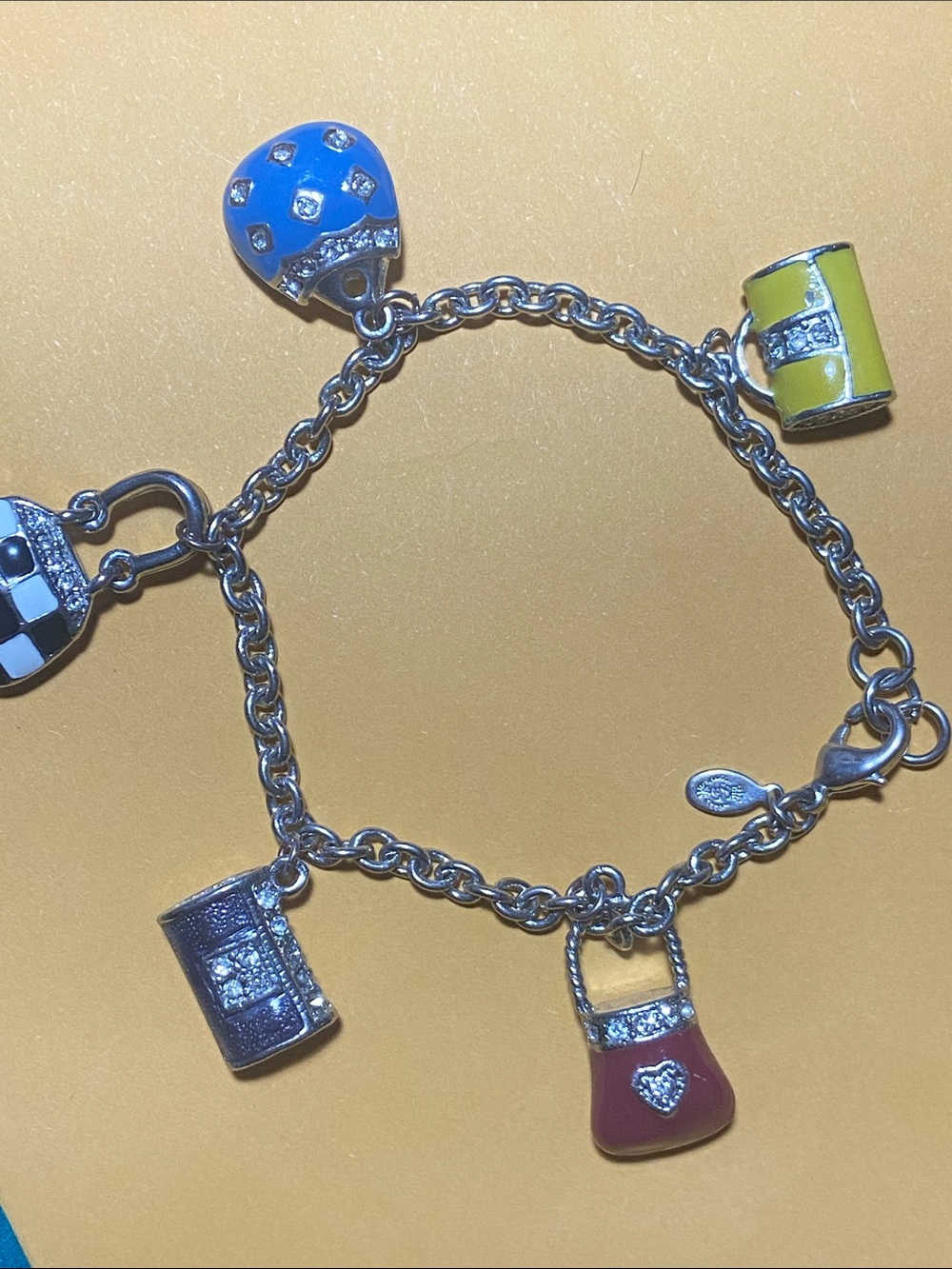 Premier Designs Purse Charm Link Bracelet Crystals & Colorful Enamel 7.25"